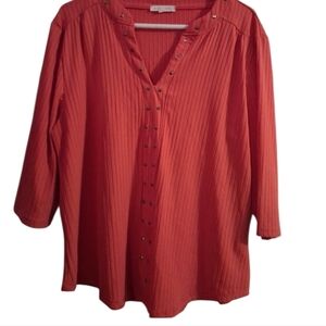 Tangerine Orange Jersey Knit Ribbed Studded 3/4 Sleeve Top size 3X